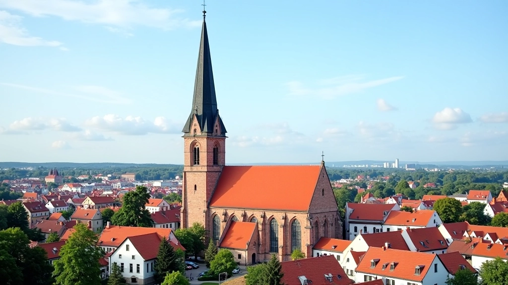 Oleviste kirik Tallinna vanalinna taustal, punased katused ja kirikutorn, keskaegne stiil